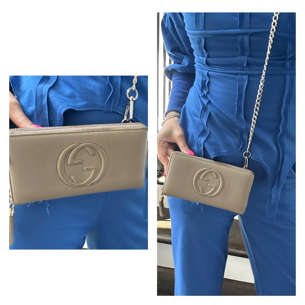 💯 GUCCI GG Disco Tan Grey Monogram Zippered Wallet on Chain w/ auth cert - Picture 8 of 12